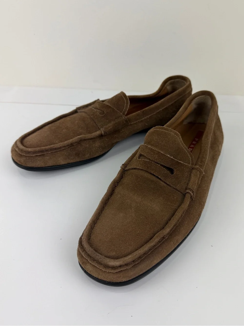 Prada Suede Penny Loafers Brown Size 10 (Fits US 11) Made in Italy